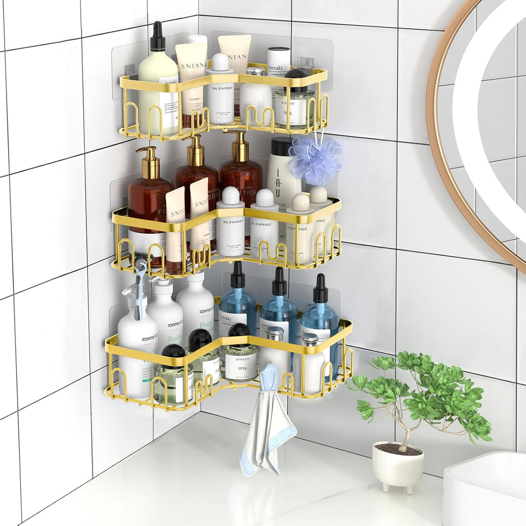 Menbyci 3 Pack Corner Shower Caddy, Adhesive Bathroom Shelves with 18 Hooks, Drill-Free & Quick-Dry Shower Organizer with Large Capacity, Rustproof Stainless Steel Bathroom Corner Storage Rack, Gold
