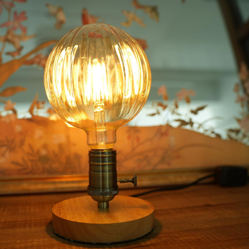 Hand Blown LED Edison Bulb, G40 Watermelon Ribbed Amber Glass, 4W 2500K Vintage Light, E26 Non-Dimmable Decorative Lamp for Farmhouse, Cafe, Bar Pendant Lighting