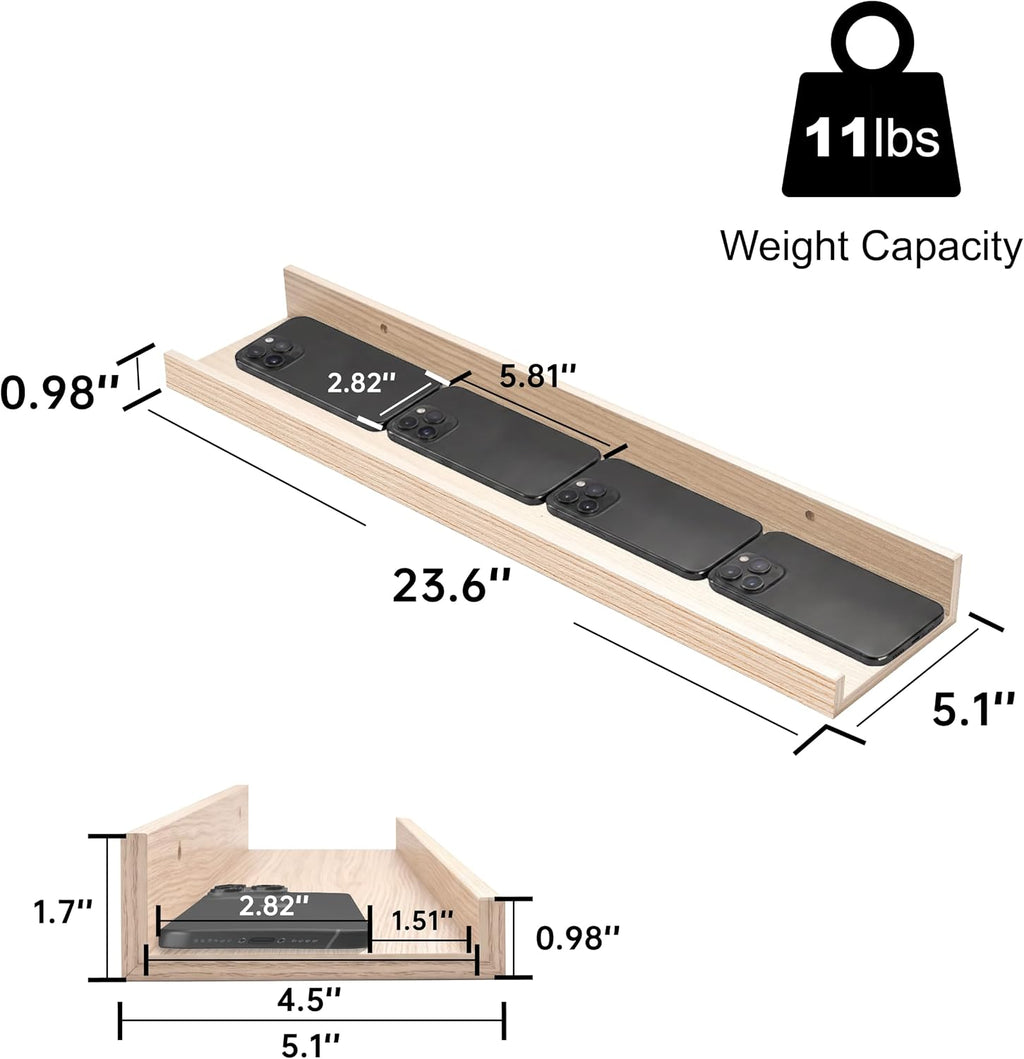 Oak Floating Shelves with Lip, 24 Inch Picture Ledge Shelf Set of 2