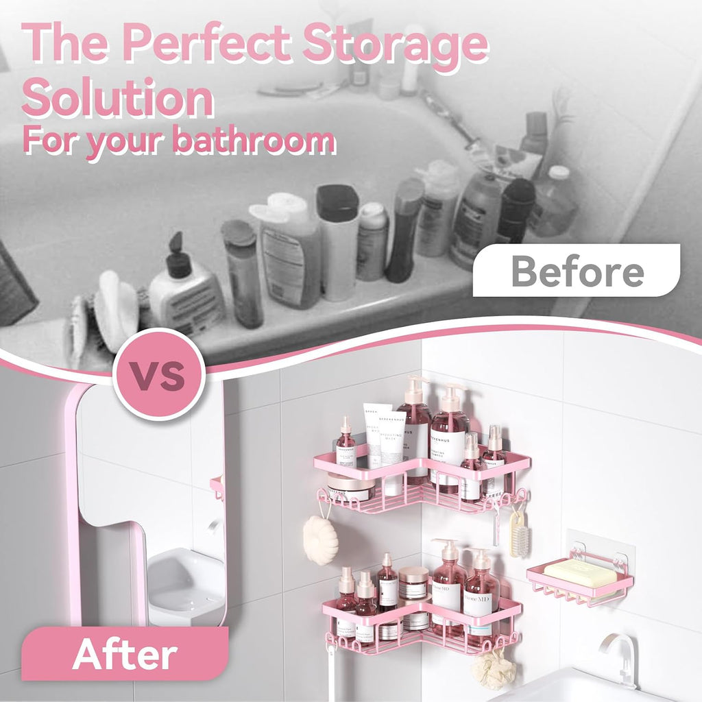 YASONIC Corner Adhesive Shower Caddy, with Soap Holder and 12 Hooks, Rustproof Stainless Steel Bathroom Organizer, No Drilling Wall Mounted Rack, Pink, 3-Pack