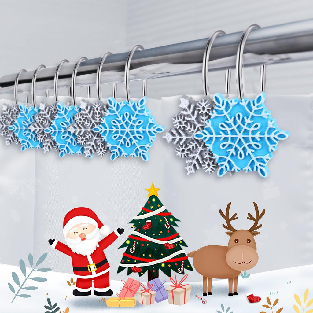 CroBlissful 12 Pcs Winter Snowflake Shower Curtain Hooks 2 Styles Snowflakes Curtain Hangers Hooks Blue Silver Winter Christmas Decorative Rings for Bathroom Restroom Rods Wall Decor
