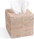 Livelab Rattan Tissue Box Cover Square, Hand Woven Natural Wicker Tissue Box Holder Organizer Farmhouse Country Decor 5.5"X5.5"X5.7" Whitewash