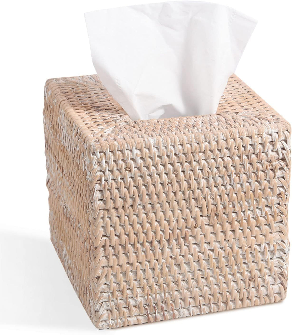 Livelab Rattan Tissue Box Cover Square, Hand Woven Natural Wicker Tissue Box Holder Organizer Farmhouse Country Decor 5.5"X5.5"X5.7" Whitewash