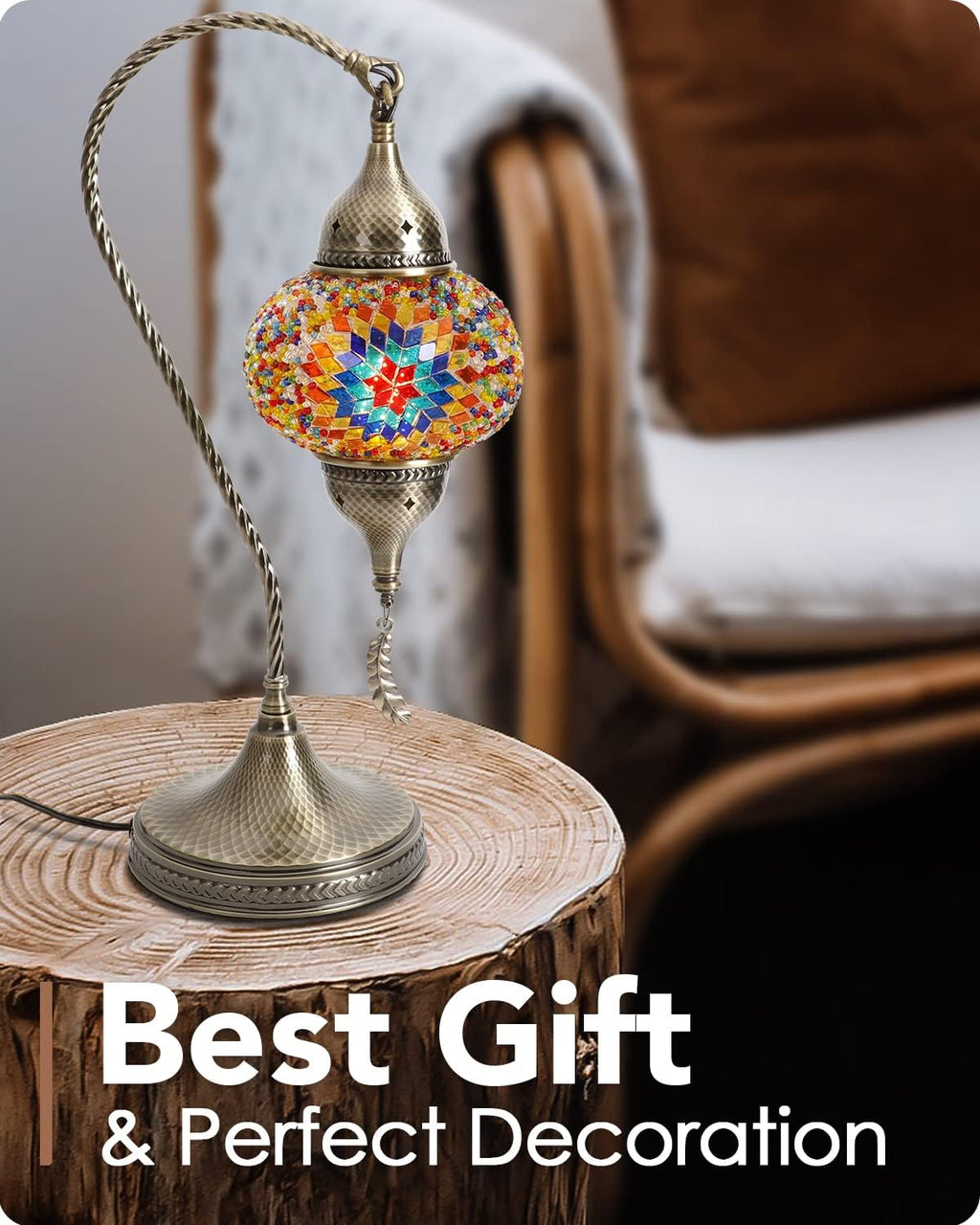 Yarra-Decor Turkish Moroccan Mosaic Table Lamp with Bronze Base - 3 Color Options Handmade Swan Neck Tiffany Mosaic Glass Bedside Lamps for Bedroom, 19" Color1(LED Bulb Included)