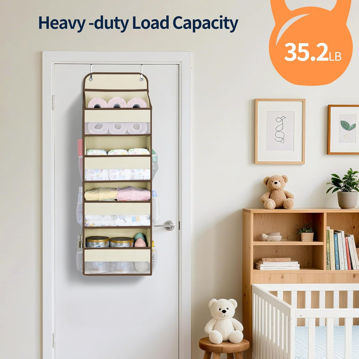 Yecaye Over The Door Organizer, Heavy Duty Hanging Organizers and Storage with 4 Large Capacity Pockets, Swing-Proof Behind The Door Storage for Bathroom Nursery Bedroom Dorm Closet, Beige,1Pc