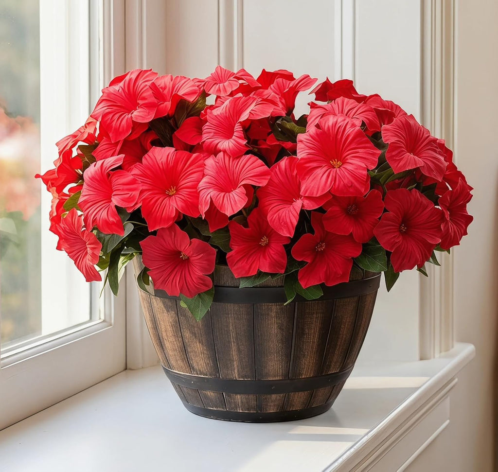 Artificial Fake Flowers Plants for Outdoor Decoration, 4PCS Faux Petunias Silk Flower UV Resistant No Fade for Home Outside Garden Balcony Yard Porch Realistic Indoor Decor (Red)
