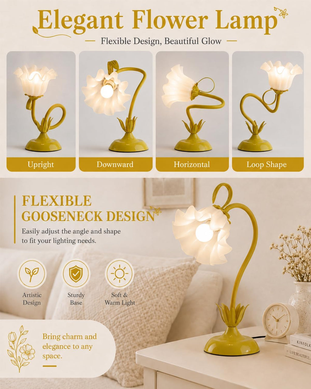 WERFOP Flower Table Lamp Cute Desk Lamp for Bedroom Home Decor (Yellow)