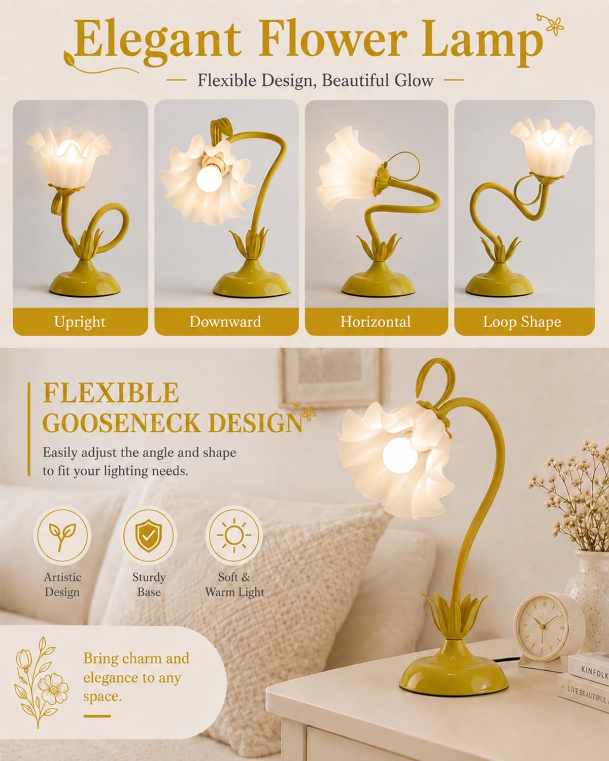 WERFOP Flower Table Lamp Cute Desk Lamp for Bedroom Home Decor (Yellow)