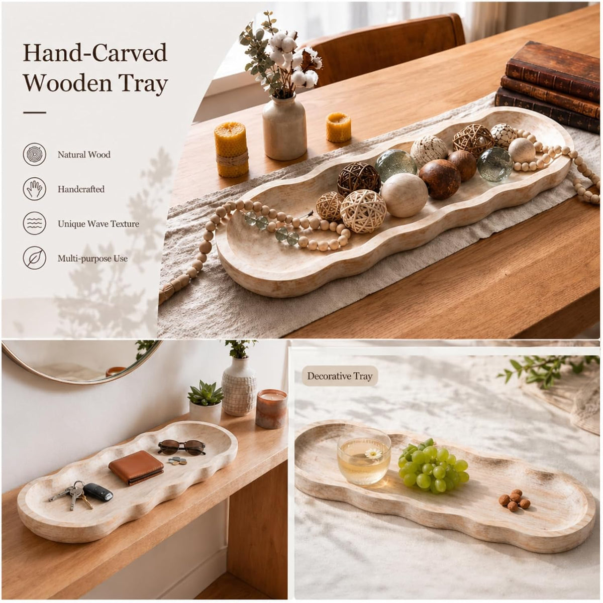 Hushee Wavy Edge Wooden Dough Bowl for Decor, Hand Carved Farmhouse Decor