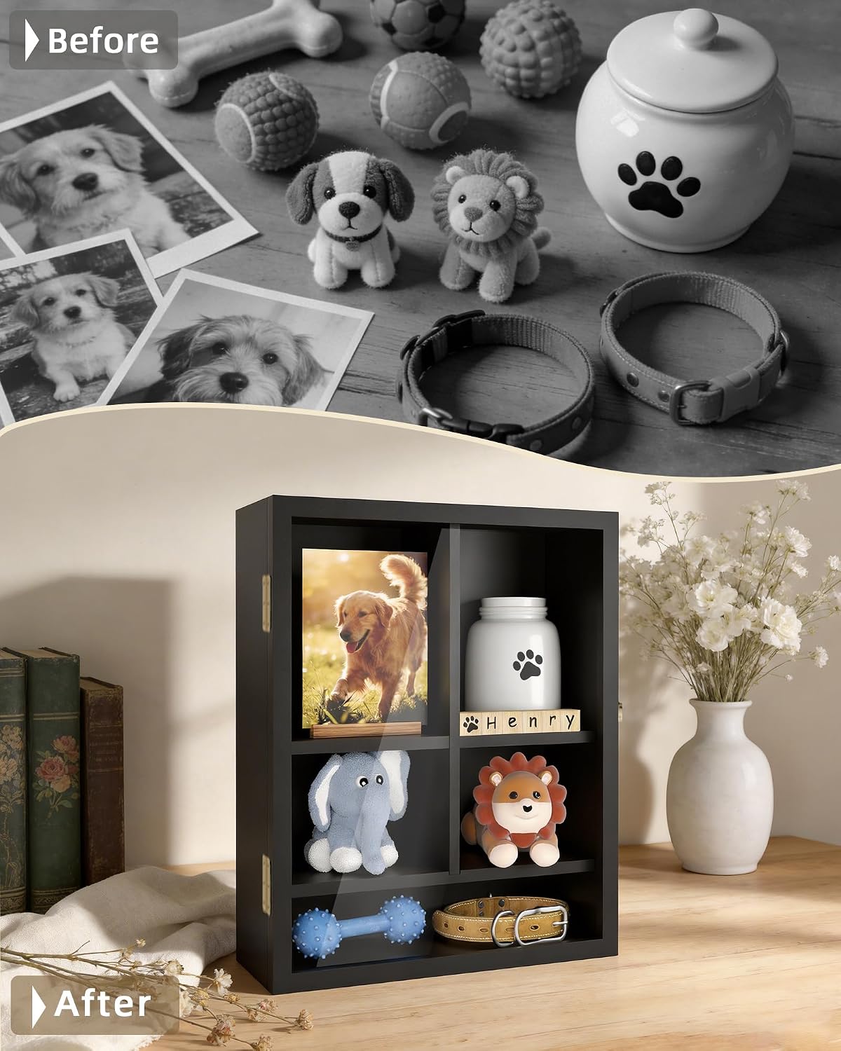 Pet Memorial Shadow Box, 14.7"x 12" Dog Memorial Shadow Box with Adjustable Shelves & Pin-Back Board, Wooden Pet Memorial Box for Ashes, Photos & Keepsakes, Loss of Pet Sympathy Gift, In Memory of Dog