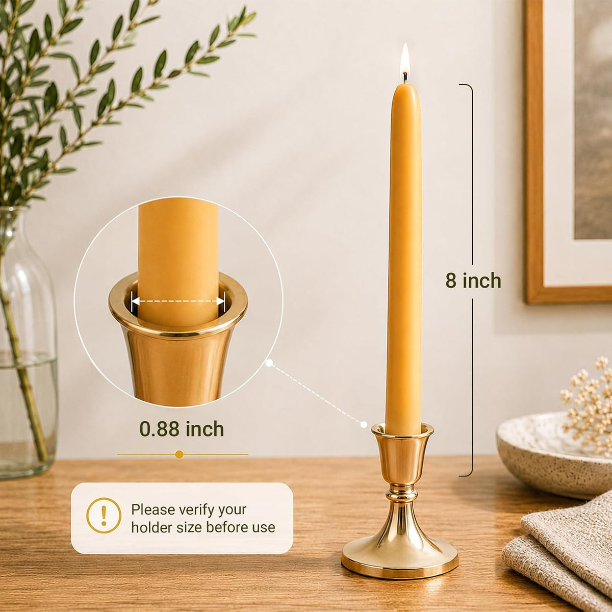 Ashlux Beeswax Taper Candles, 48 Pack Candle Sticks 8 Inch in Yellow