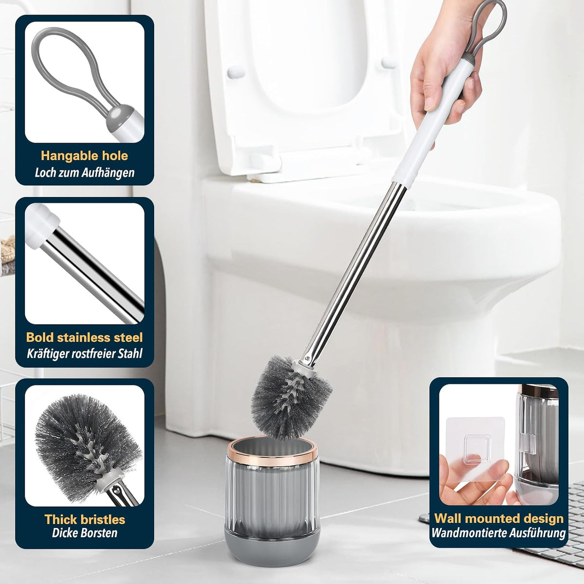 Toilet Brush and Holder Set 2 Pack for Bathroom 21.6" Long Handle