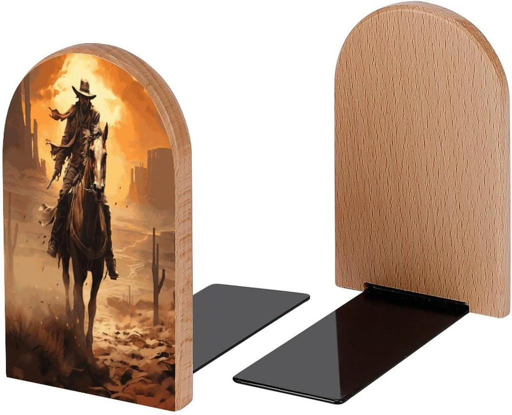 Book Ends Cowboy Western Wood Bookends for Shelves to Hold Books Heavy Duty Non-Skid Book Stoppers Wood Decorative Home Office School