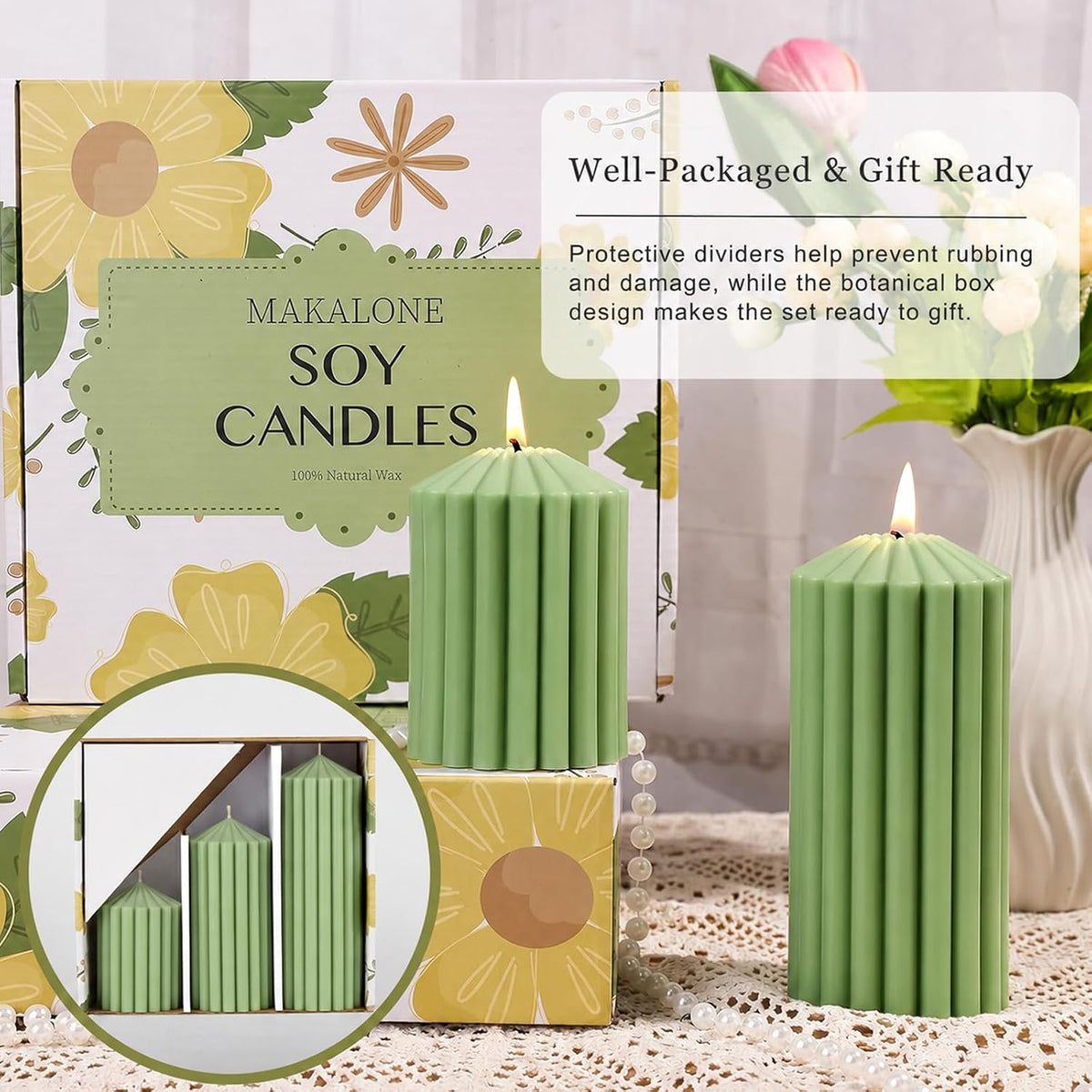Ribbed Decorative Scented Pillar Candles, 3 Pack,2.8 x 4/6/8 Inch, Green