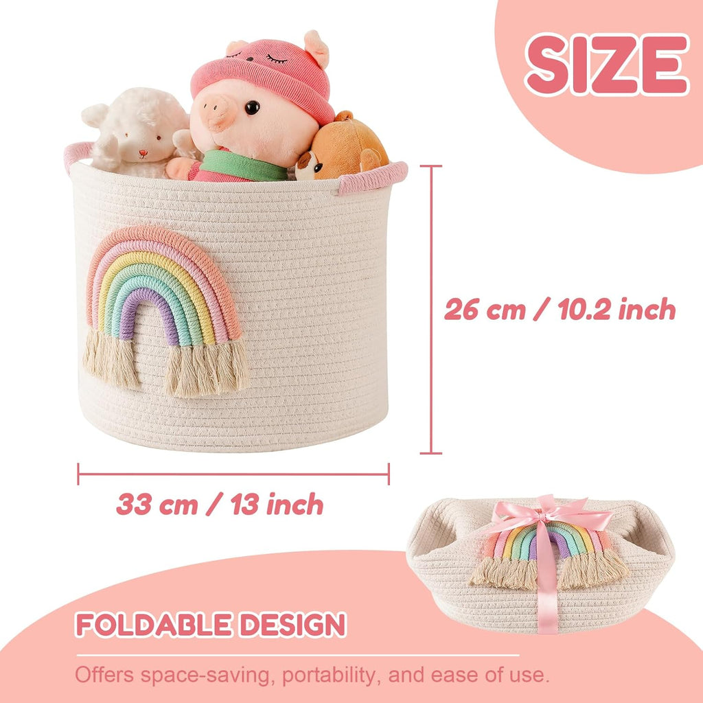 Toy Storage Baskets Woven Cotton Rope Storage Basket with Rainbow Decor for Kids, Blanket Baskets for Living Room Toys Organizer Rainbow Baby Gifts Basket with Handle for Girls Nursery Playroom