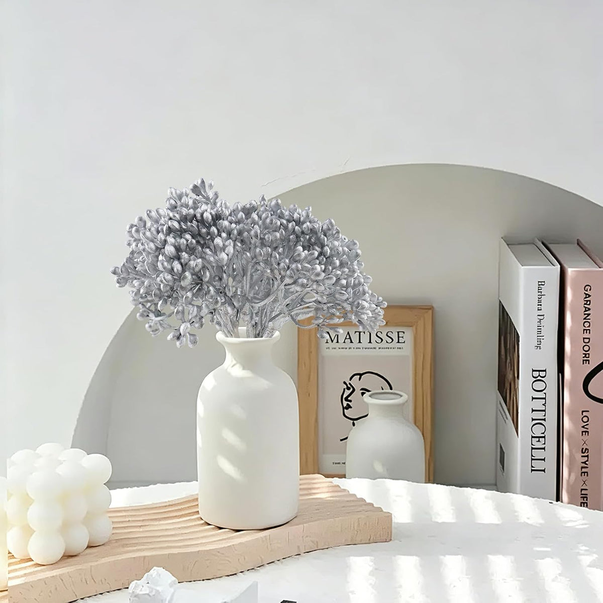 Fake Leaves Artificial Flocked Eucalyptus Stems (Silver Pearl Flower)