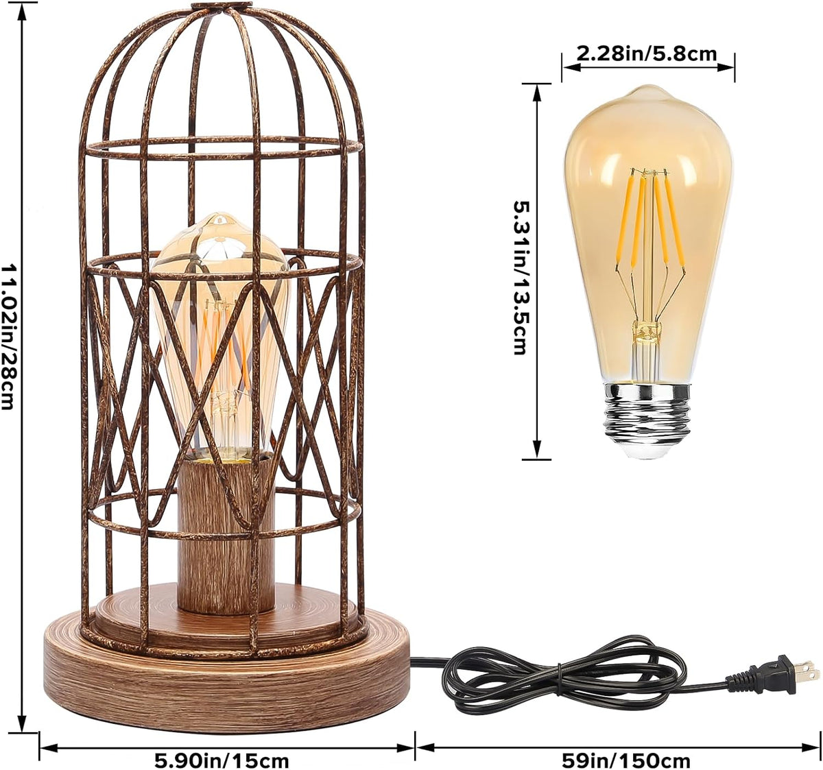 Touch Table Lamp, Industrial Desk Lamp with Rustic Wood Metal Cage Shade