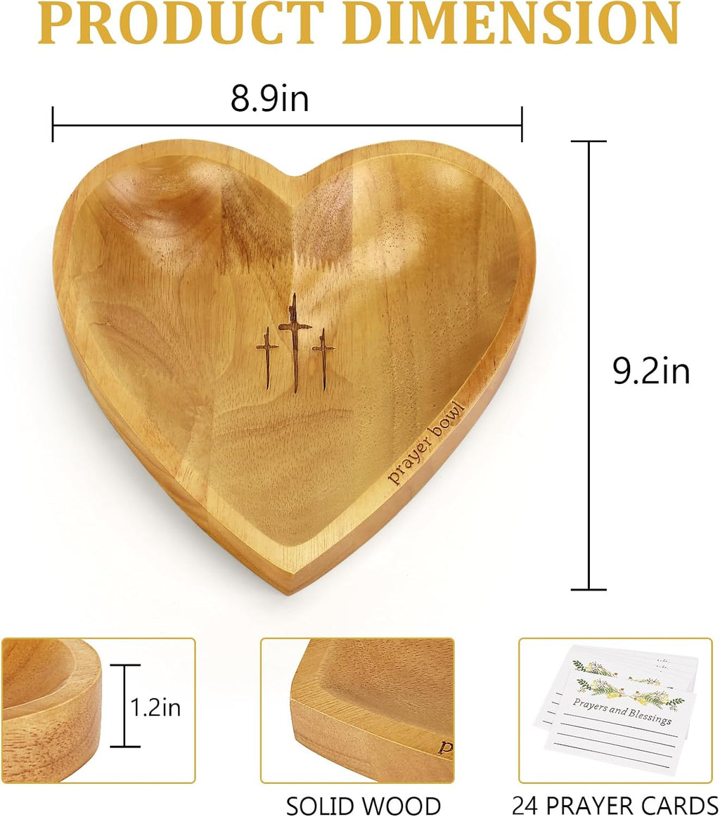 Prayer Bowl with 24 Blessing Cards Wooden Prayer Bowl Rustic Heart Shaped Decor Dough Bowls Christian Gifts for Mom Dad (Light)