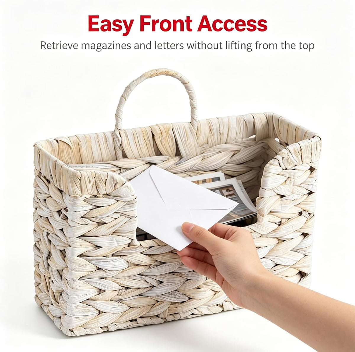 Hanging Magazine Basket, Woven Wall Magazine Holder Organizer with Handle for Mail, Files, Books - Water Hyacinth Farmhouse Storage Rack for Bathroom, Kitchen, Office (1, White)