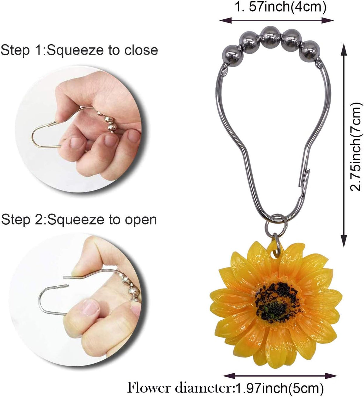 CHICTIE Flowers Shower Curtain Hooks Rings, 12 Pcs Decorative Rustproof Shower Rings for Bathroom Set (Yellow Sunflower)