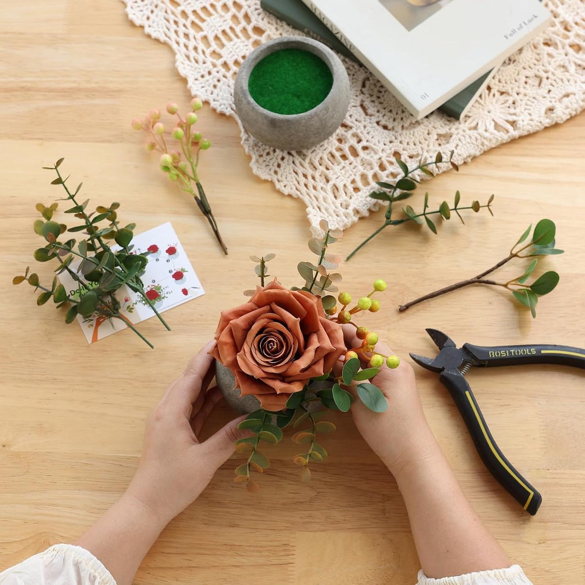 mizii DIY Small Artificial Flowers Potted Kit Fake Flower Realistic Silk Rose and Greenery with Vase for Gifts Table Centerpiece Mantle Office Desk Shelves Living Room Decorations (Orange)