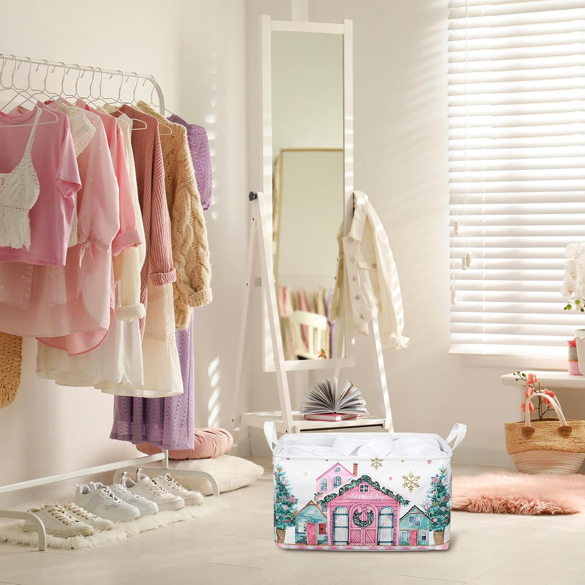 Beeveer 3 Pcs Christmas Pink Nutcracker Basket Diamond Plaid Christmas Tree Gift Basket Soldier Mouse Ballet Girl Clothes Storage Cube for Home Office Dorm Closet Shelf Organizer