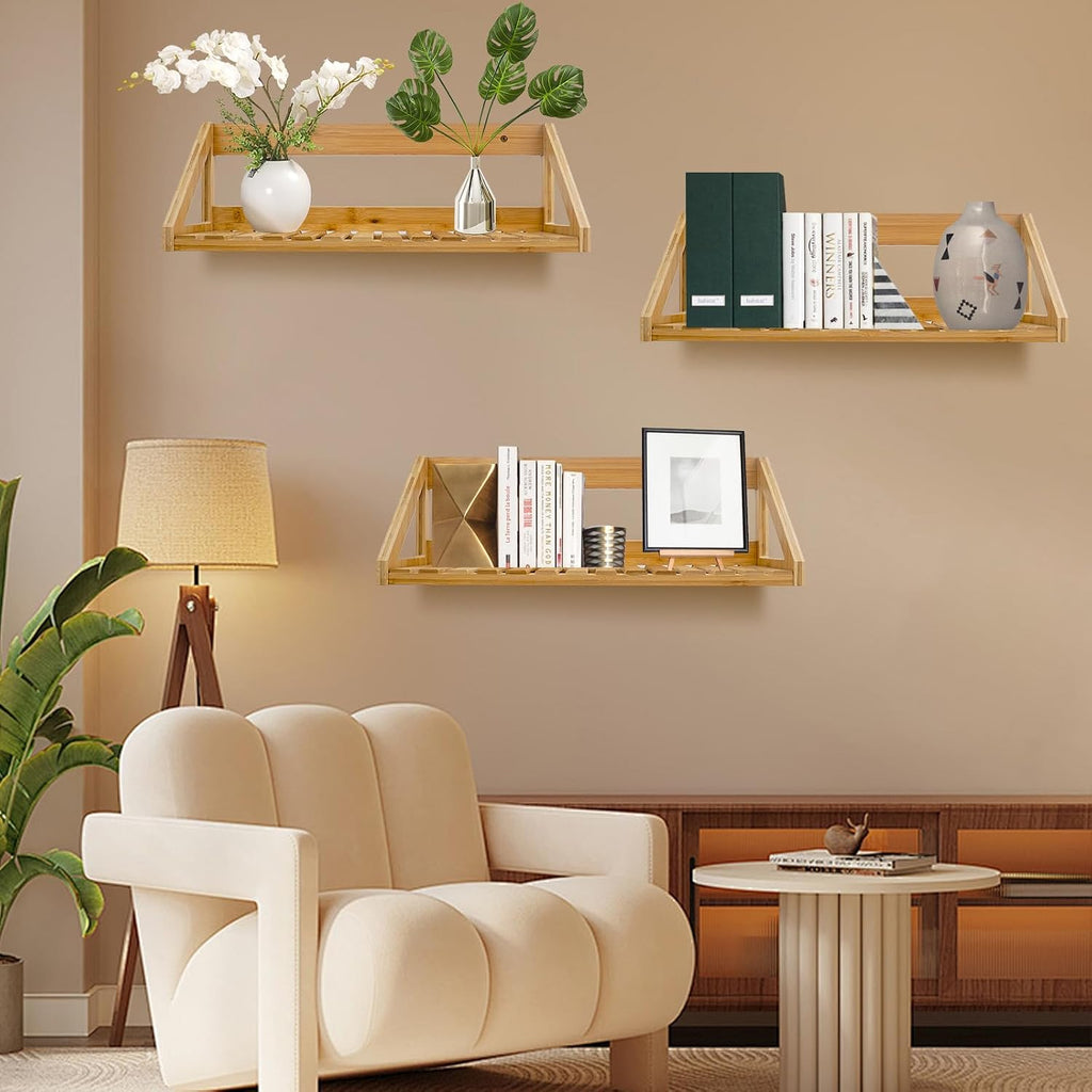 Floating Shelves Wall Mounted 3 Pcs Bamboo Wall Hanging Rack Holder