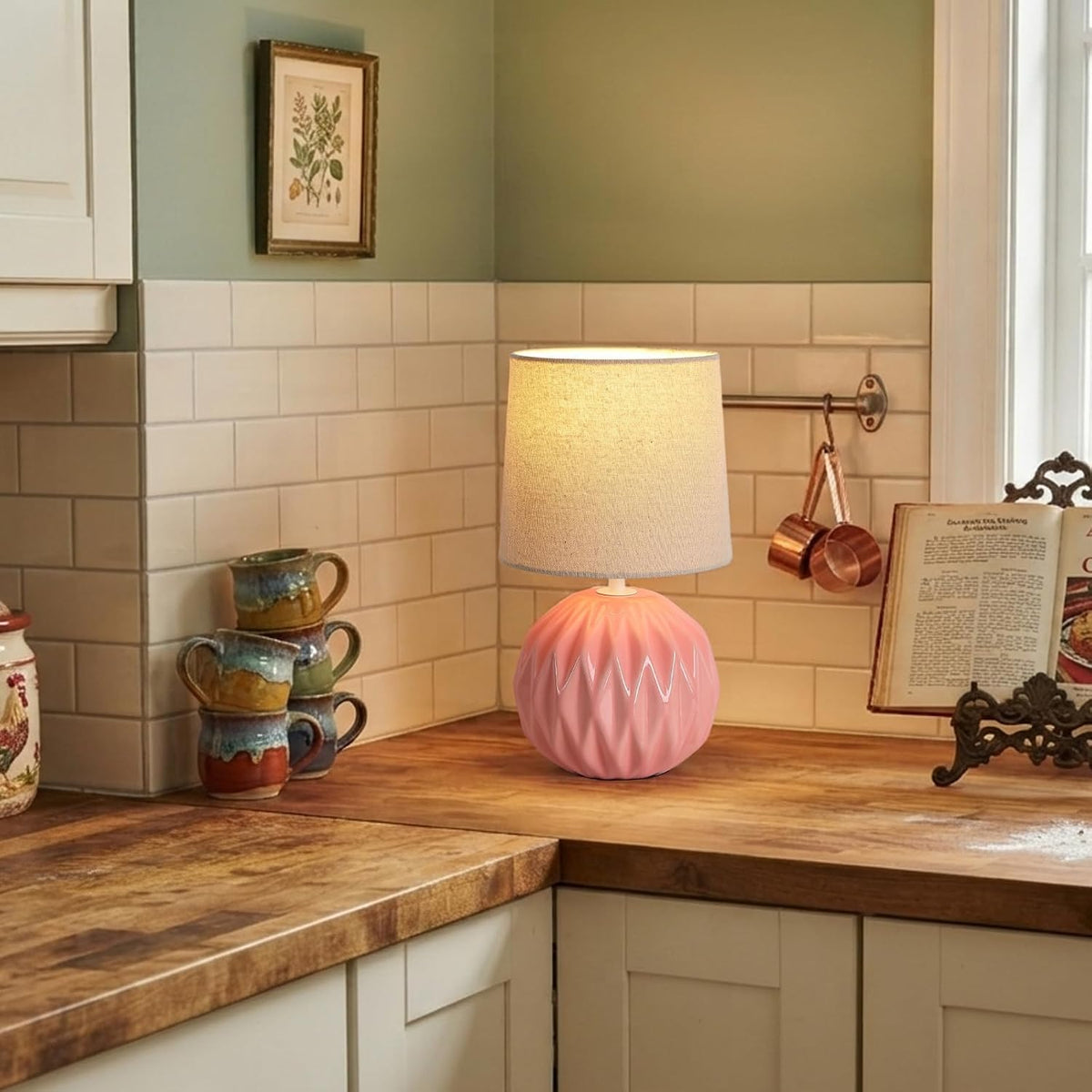 Pink Ceramic Table Lamp with Linen Shade, Small Bedside Lamp for Bedroom