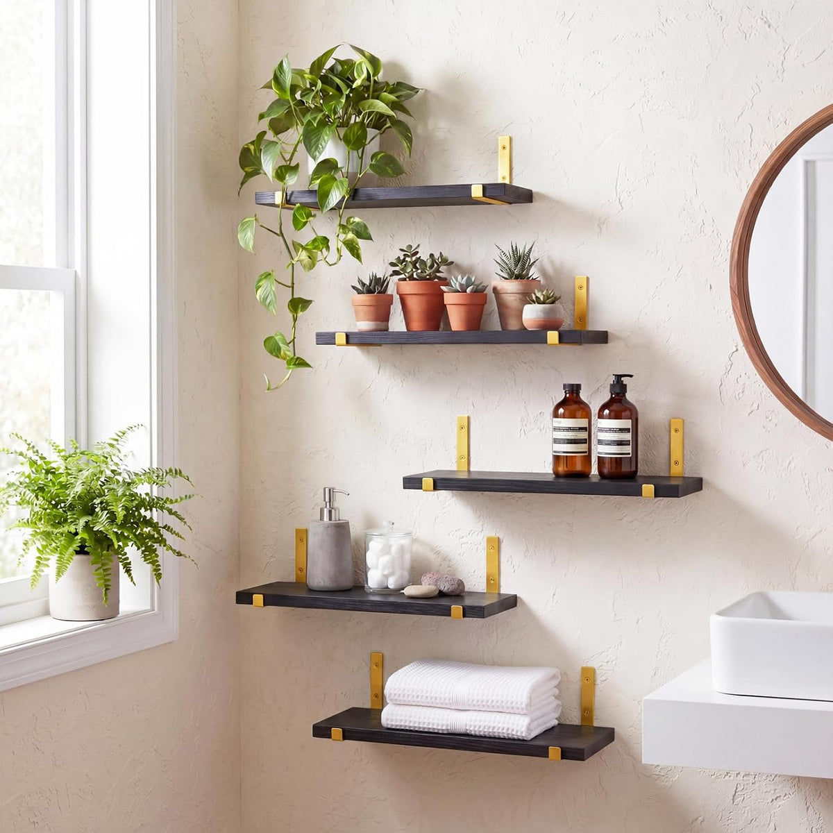 Fixwal Width 4.75 Inches Floating Wall Shelves, Set of 5, Black Gold