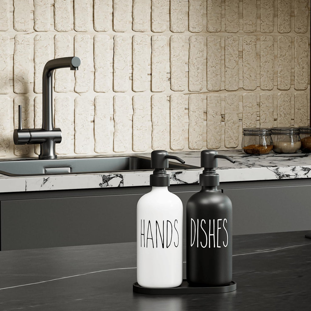 MOMEEMO Kitchen Soap Dispenser Set, Black & White