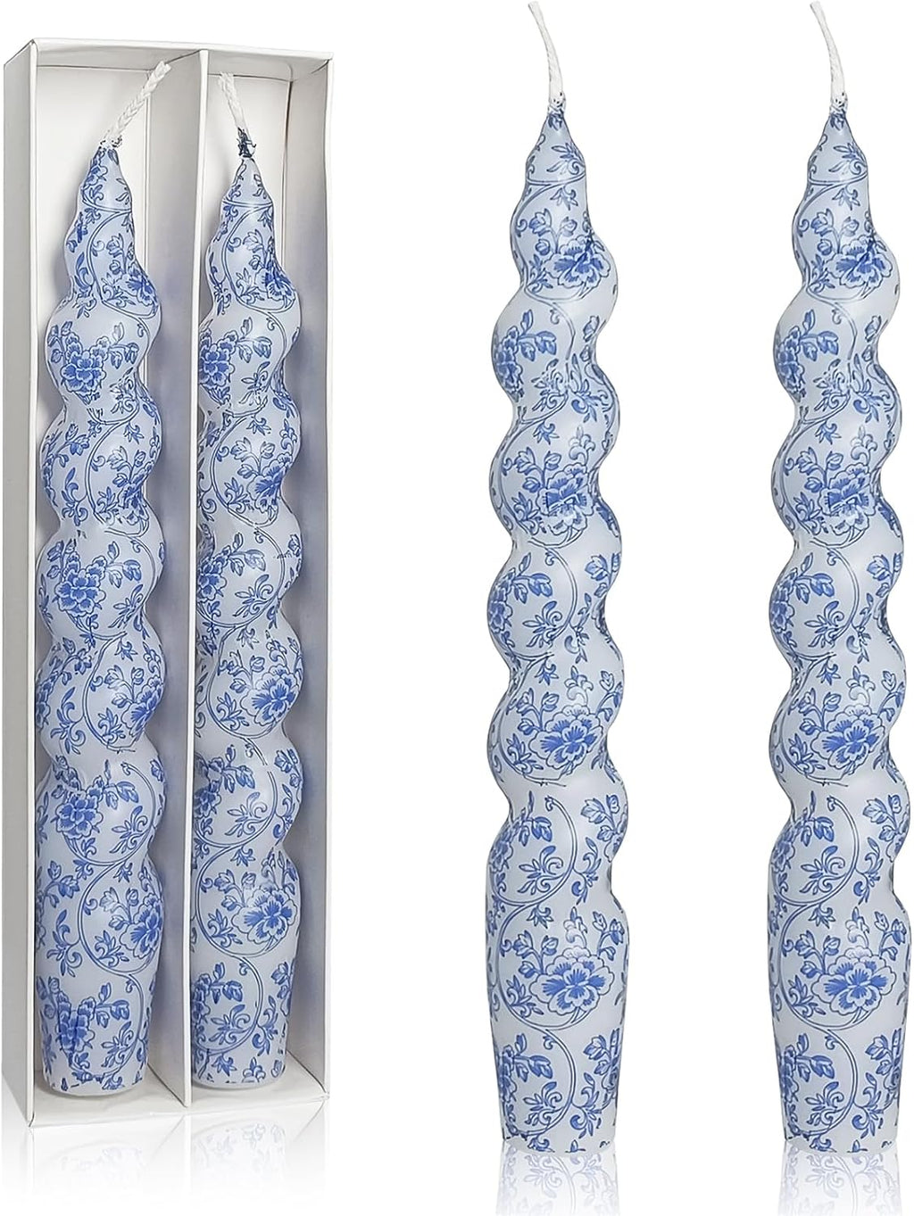 Unscented Floral Taper Candle Spiral Candlesticks - Set of 2 Handmade Blue Flower Twisted Candle 7.5 Inch Short Print Tapered Candles for Home Wedding Dinner Gifts