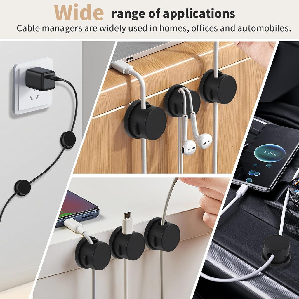 10-Pack 360° Rotatable Magnetic Cord Organizer Clips with Acrylic Adhesive - for Desk, Car, Home & Office | No Residue Springless Design | Strong Hold Cable Management for Chargers & Wires (White)