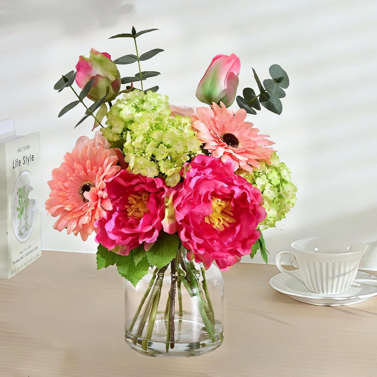 Livole Artificial Faux Flowers with Vase & Water Silk Fake Flowers, Fuchsia