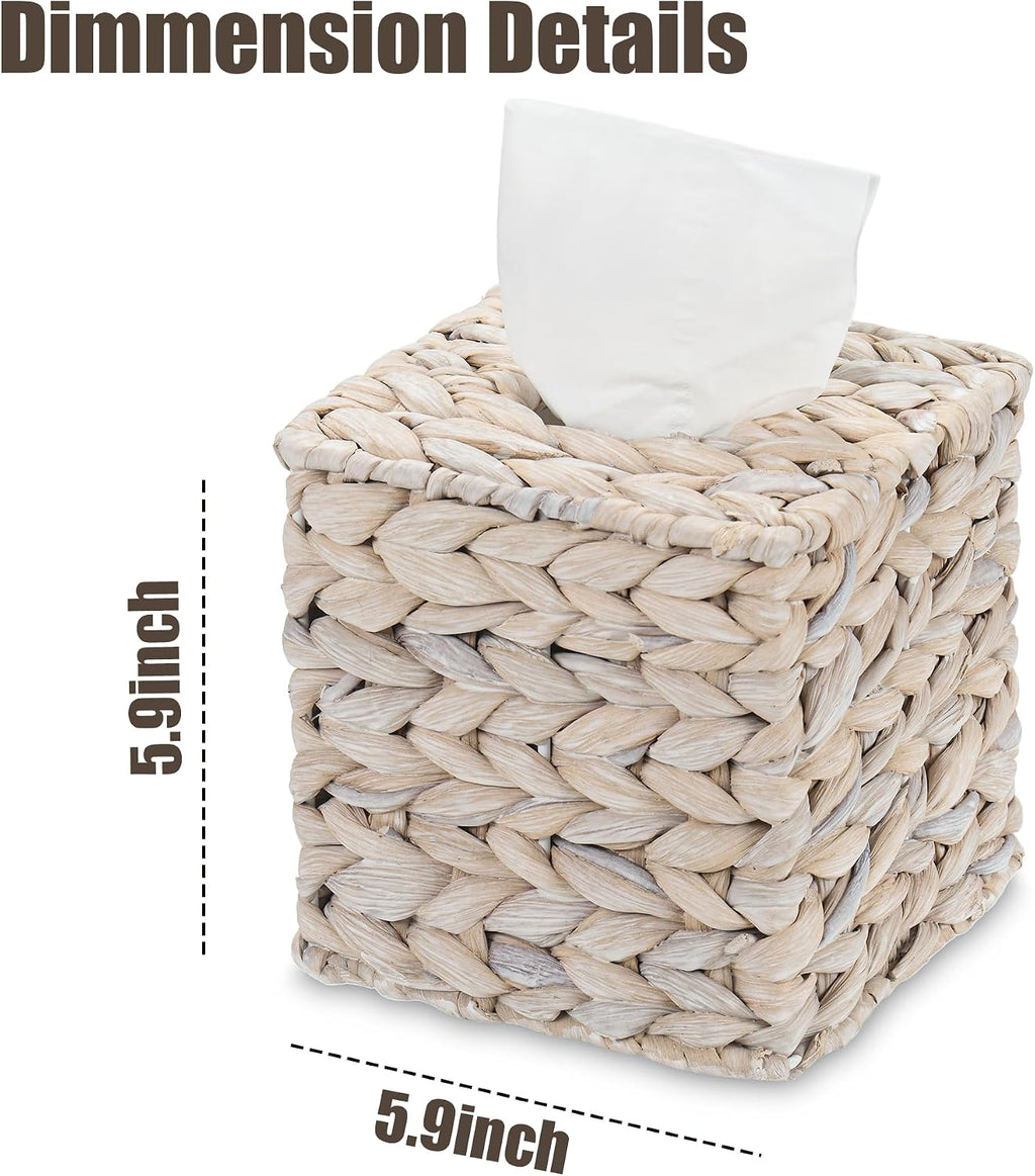 Water Hyacinth Handwoven Tissue Box Cover, Natural Handmade Wicker Napkin Box Holder, Handcrafted Square Facial Tissue, Rustic Decorative on Table and Bathroom, Office, Boho Decorative, Whitewash