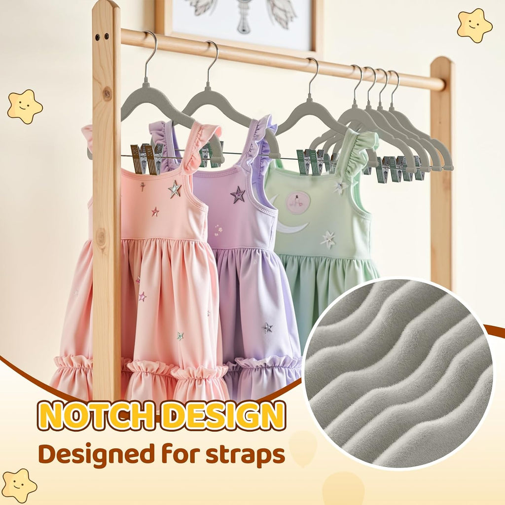 Flottian 24-Pack Baby and Kids Velvet Hangers with Clips, Non Slip and Space-Saving Kids Pants Hangers for Baby/Toddler Pants, Skirts, Coats, Gray