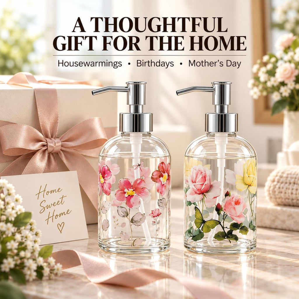 Topadorn 2 Pack 17oz Glass Soap Dispensers, Floral Refillable Pump Bottles