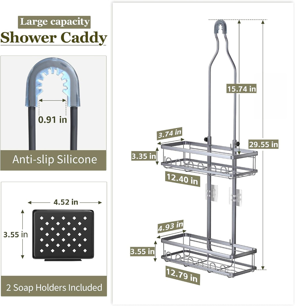 Skyapex Shower Caddy Hanging: Adjustable Height Organizer for Over Showerhead - Rustproof Shower Shelves with Hooks & 2 Soap Holders
