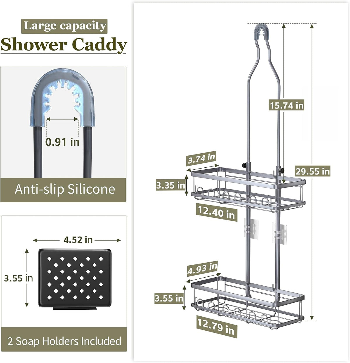 Skyapex Shower Caddy Hanging: Adjustable Height Organizer for Over Showerhead - Rustproof Shower Shelves with Hooks & 2 Soap Holders