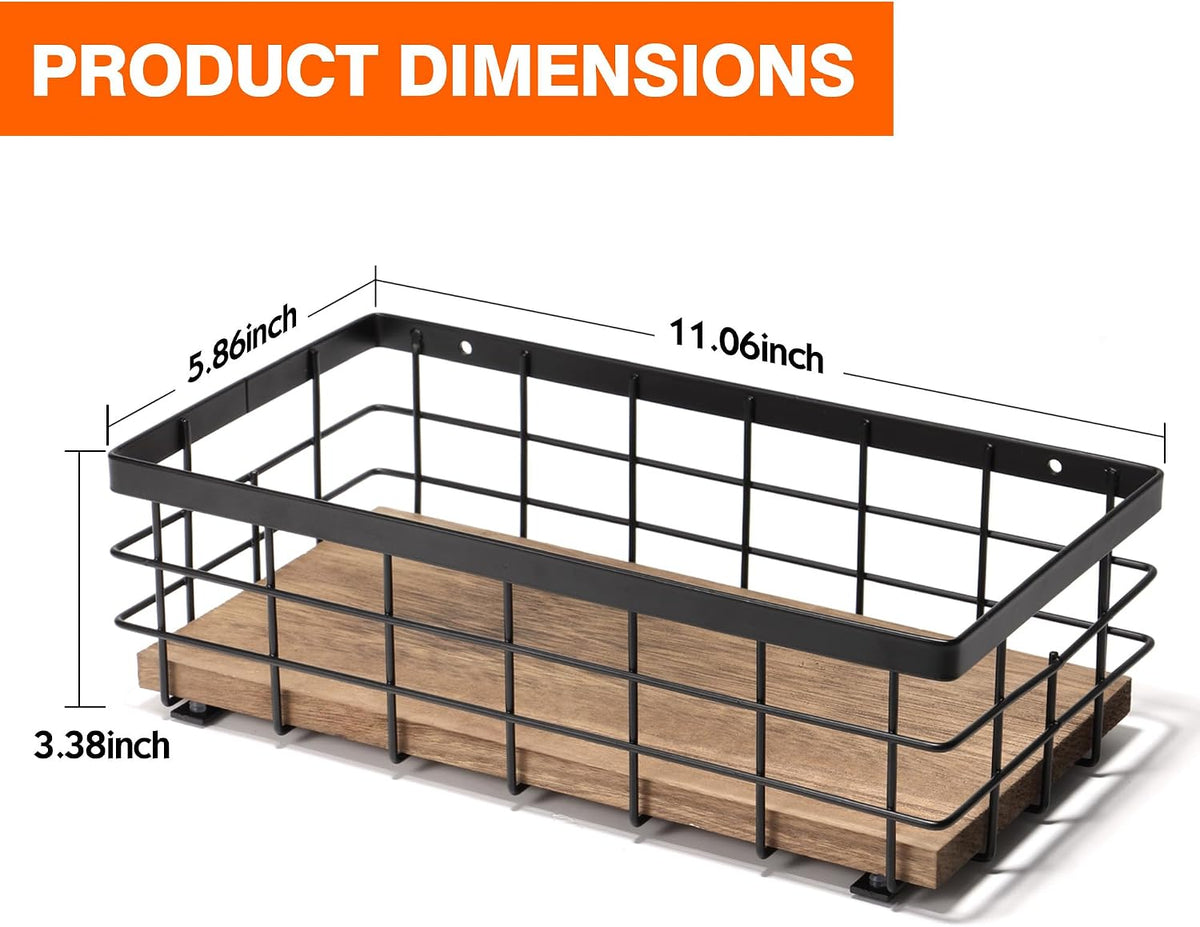 TJ.MOREE Small Metal Wire Basket, Decorative Wood Base Organizer for Bathroom, Kitchen, Basket for Toilet Paper Storage, Sugar Packet, Coffee Syrup, Guest Towel, Napkin
