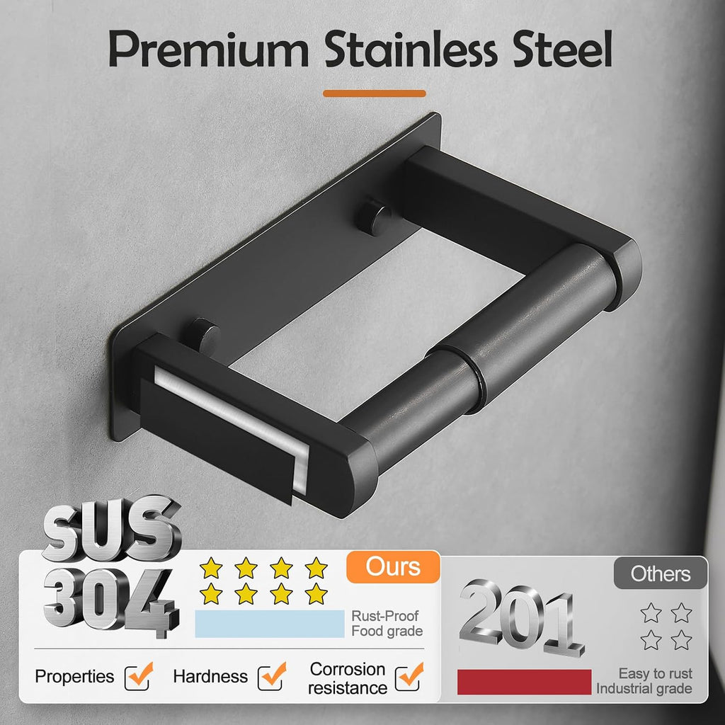 Pokim Matte Black Toilet Paper Holder,Self Adhesive or Screw Wall Mount 304 Stainless Steel Double Post Tissue Holder for Bathroom,Rustproof Heavy Duty Design