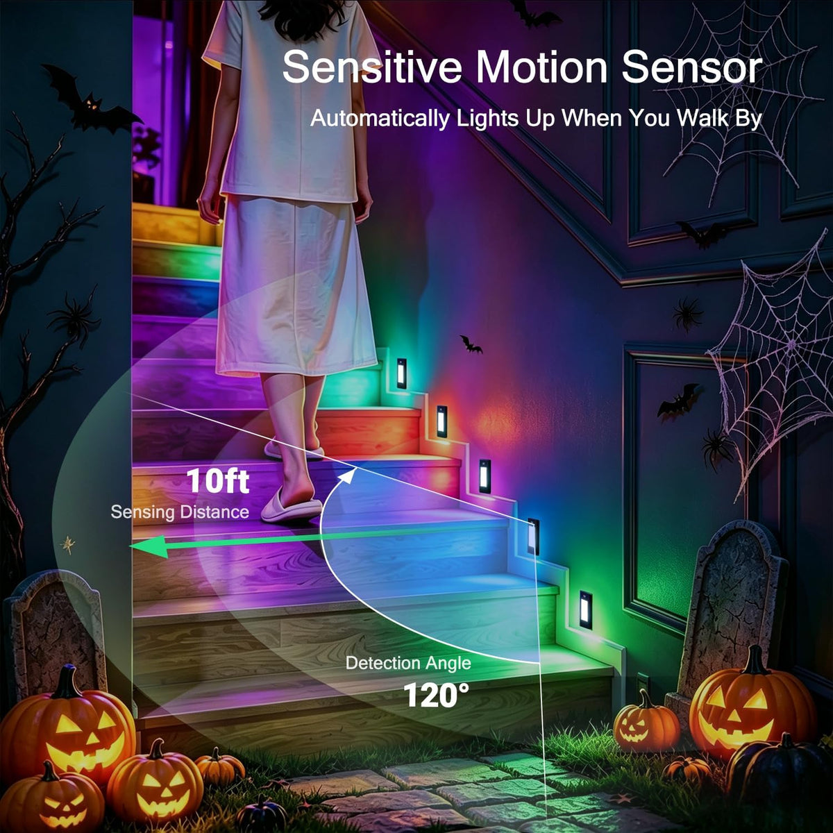 V4light Rechargeable Motion Sensor Night Light, 3-Pack Midnight Black, RGB-6 Halloween Edition — Ultra-Thin Painted Aluminum Alloy, Magnetic Mount, 6 Eerie Colors for Haunted Pathways, Spooky Decor