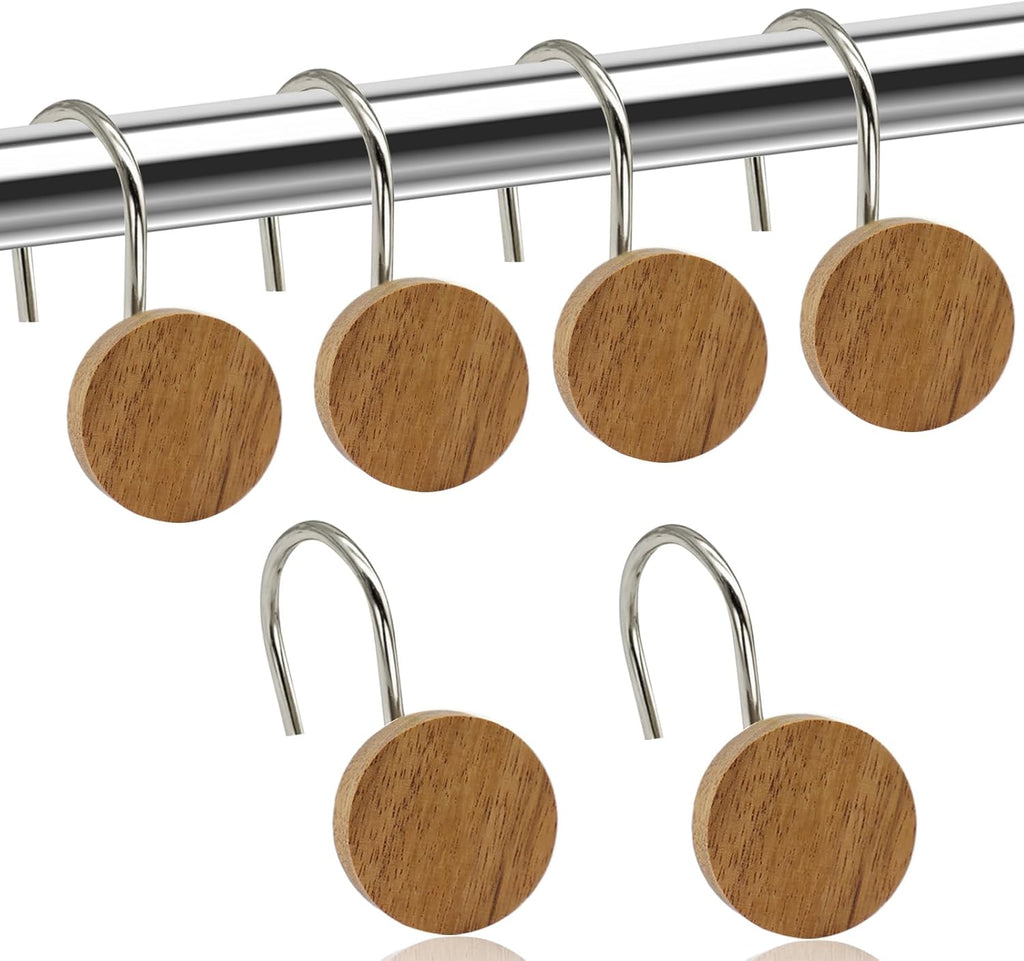 Shower Curtain Hooks, Wood Decorative Shower Curtain Rings, Modern Round Log Shower Curtain Hangers, 12PCS Shower Hooks for Shower Curtain Rod, Bedroom, Living Room (Silvery)