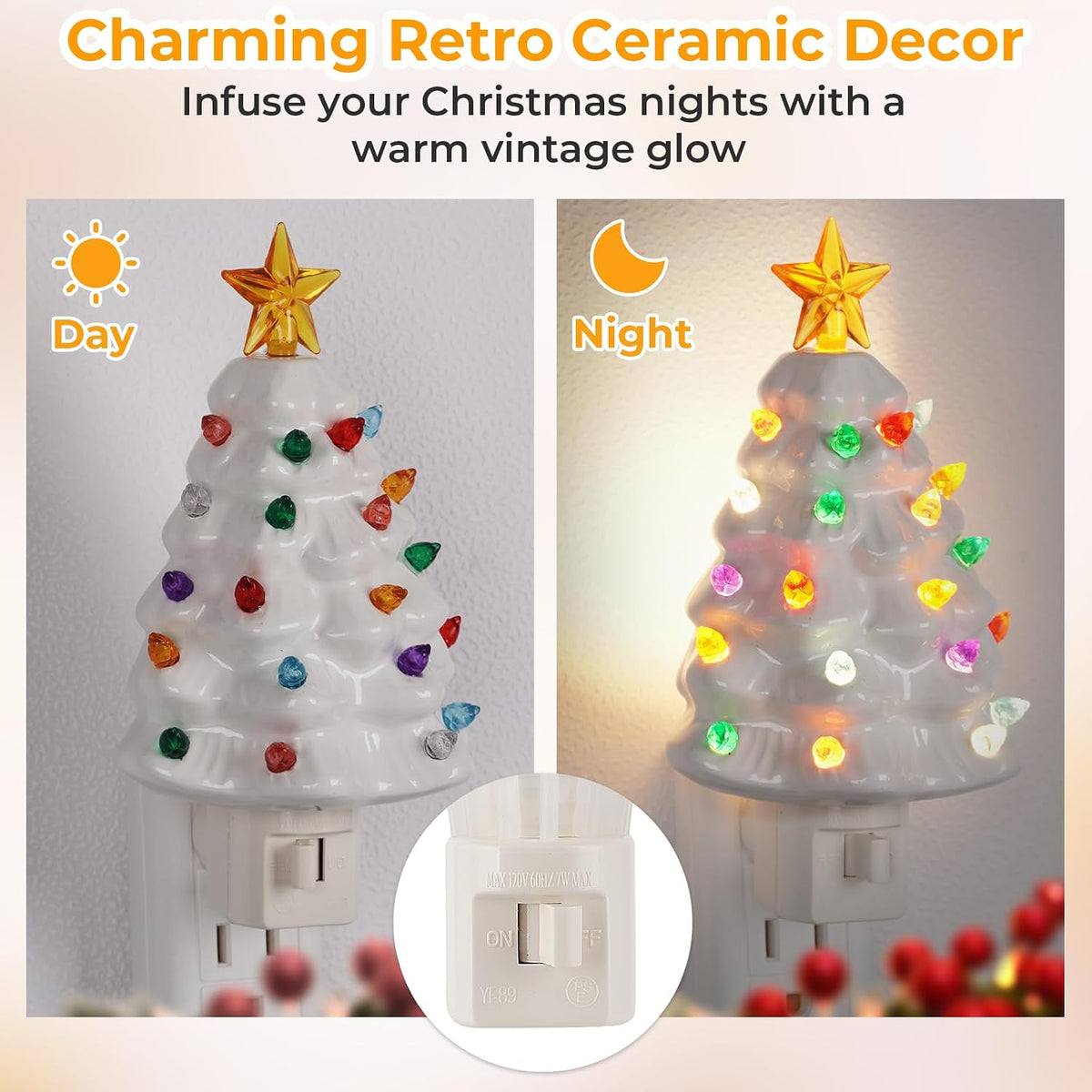 Brightever 2 Packs Christmas Night Light for Bedroom, Vintage Christmas Decor Tree Lights with On/Off Switch, Multicolor LED Lights, 360 Swivel Plug, Xmas Decorations for Home Bathroom - Green/White