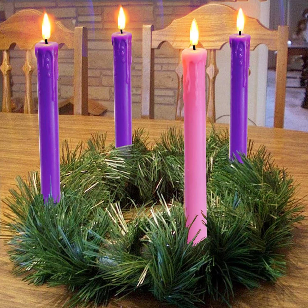 Set of 4 LED Christmas Candle Lights, Battery Operated Taper Candles for Advent Wreath, 3 Purple 1 Rose Flickering Wax Flameless Candles for Holiday School Church Celebration