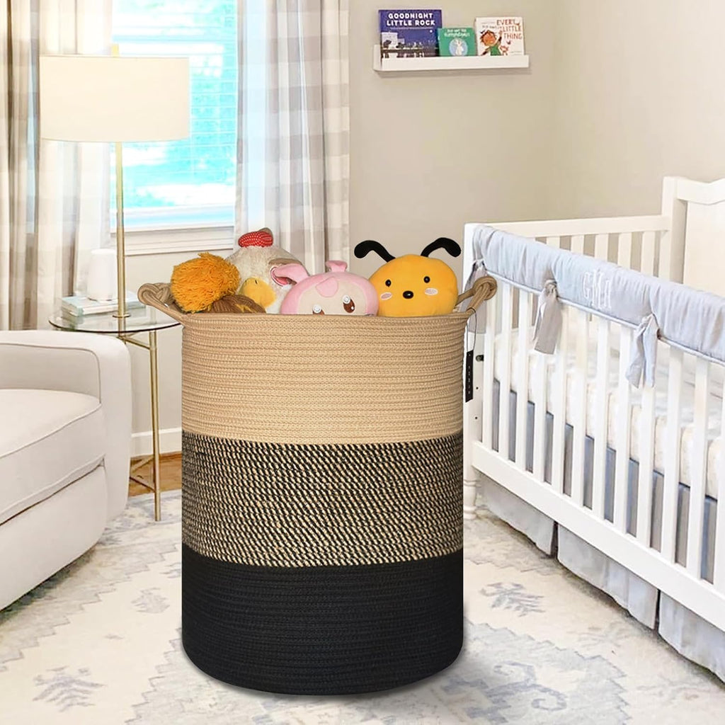 COMSE Tall Woven Blanket & Laundry Basket, 72L, Brown & Black