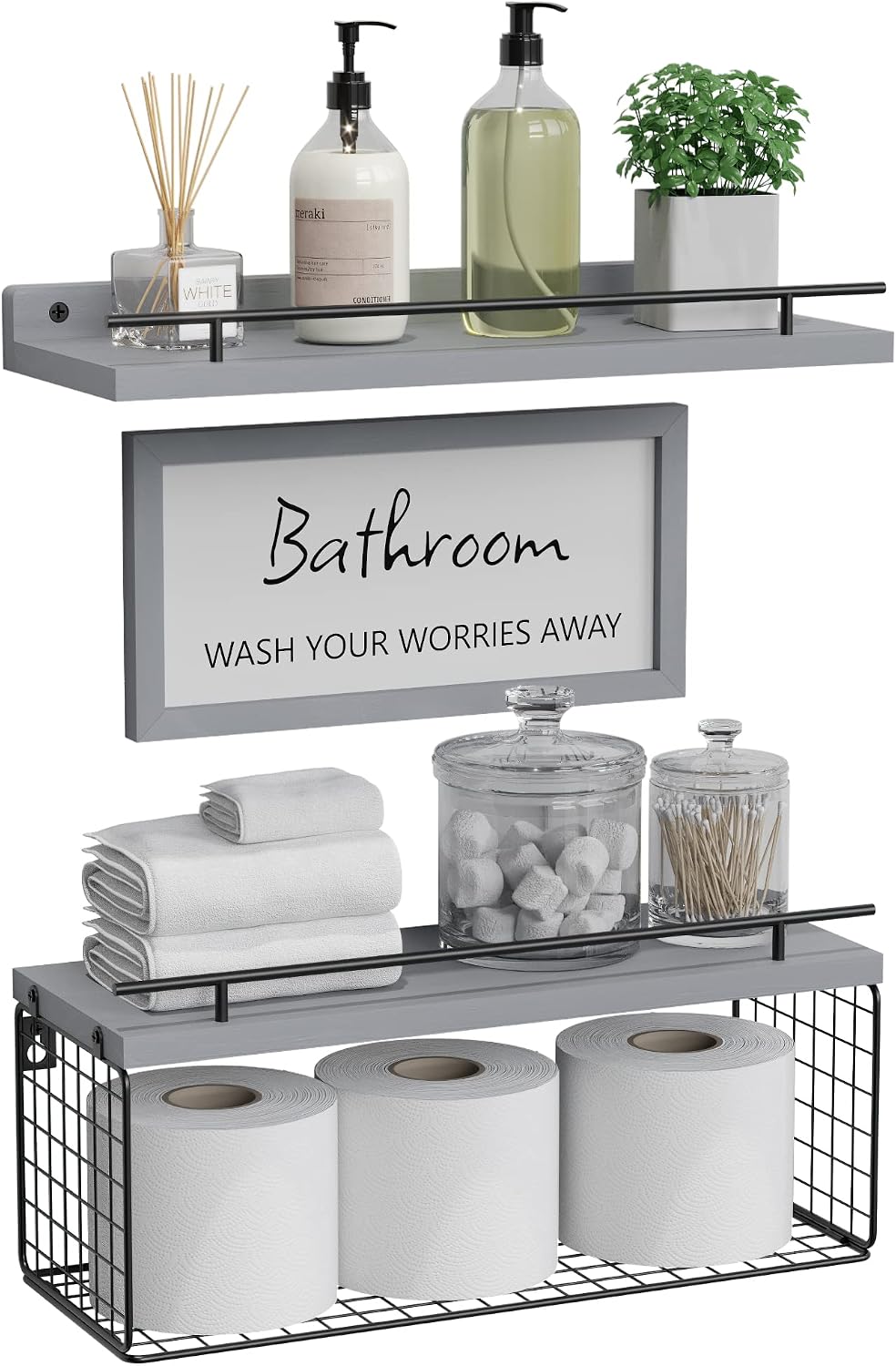 WOPITUES Floating Shelves for Bathroom Decor Art, Modern Grey