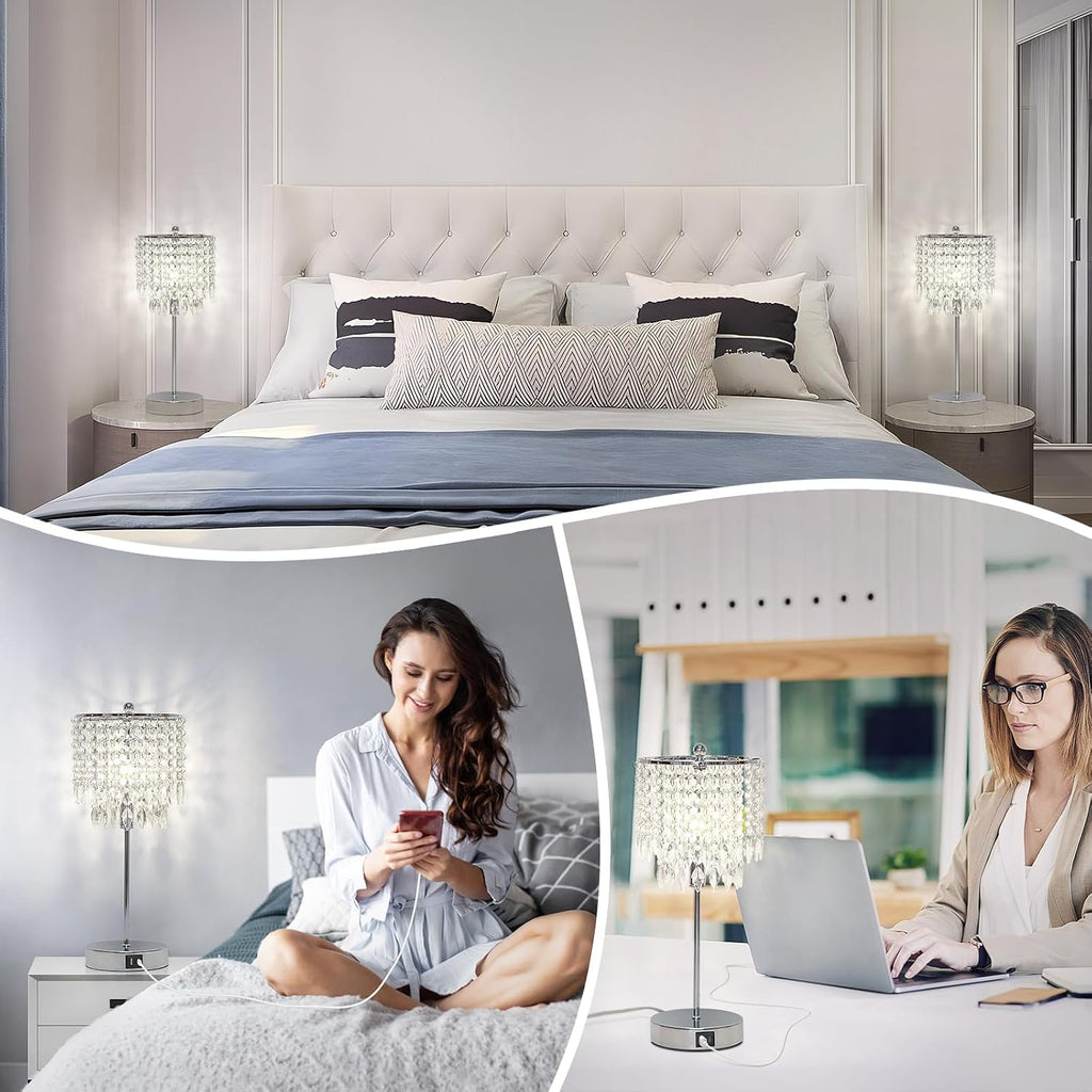 Crystal Table Lamp Set of 2 Touch Control, Crystal Lamps with USB Ports Elegant Shade Bedside Lamp Silver, Dimmable Touch Table Lamp for Nightstand Bedroom Living Room, 4W LED Bulb Included