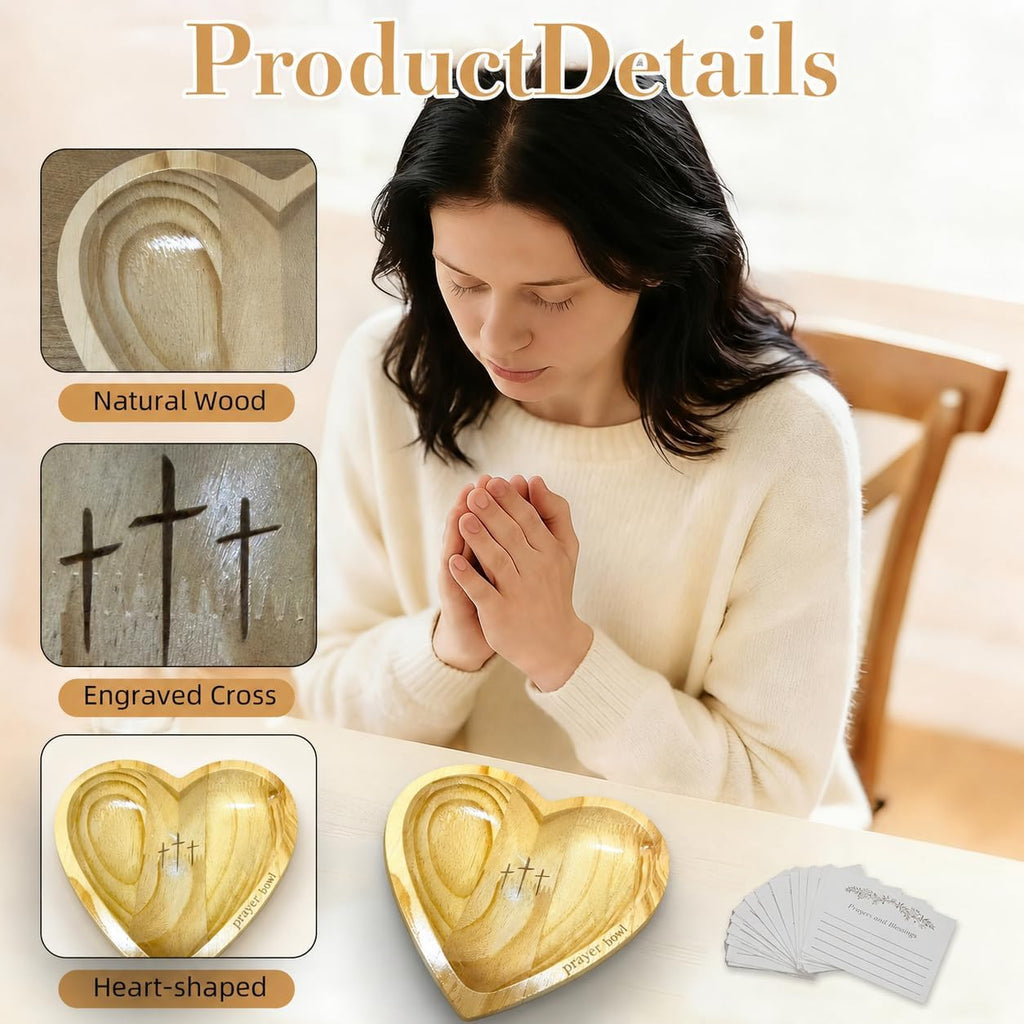 Prayer Bowl Wooden with 24 Prayer Cards,Heart Shaped Decor Prayer Bowl,Religious Gift for Women,Mom, Dad, Daughter or Husband,Christian Easter Gifts for Mom,Men