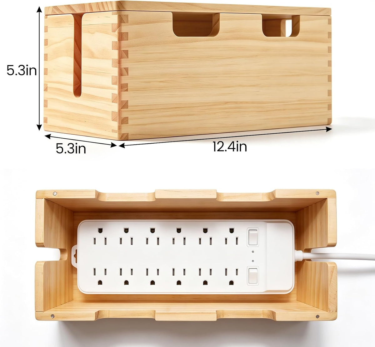 Large Wooden Cable Management Box with Magnetic Lid – Solid Wood Cord Organizer for Power Strip & Bulky Adapters, Tall Concealer for Desk & TV, Farmhouse Style Wire Hider Cover