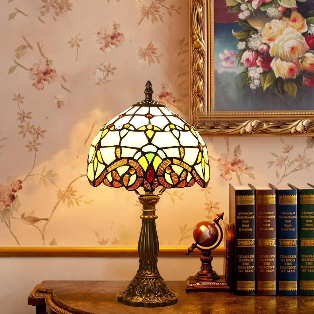 Tiffany Style Table Lamp, Baroque Style Stained Glass Lamp, 8 Inch Small Antique Lamp, for Bedside Nightstand Bedroom Living Room Home Office, Include LED Bulb
